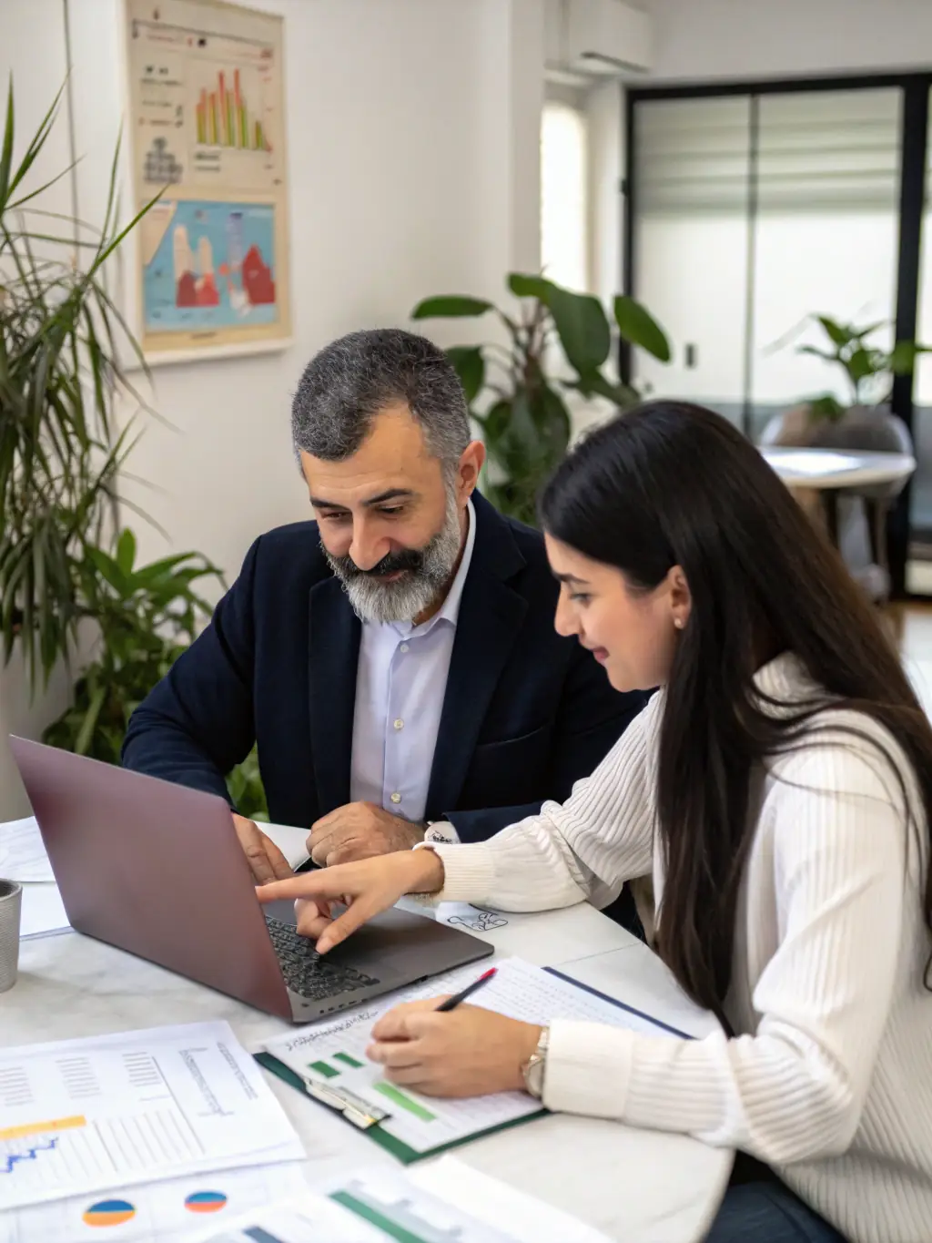 A professional-looking graphic depicting the first step: 'Initial Consultation'. A consultant is shown discussing cybersecurity needs with a client in a modern office setting.