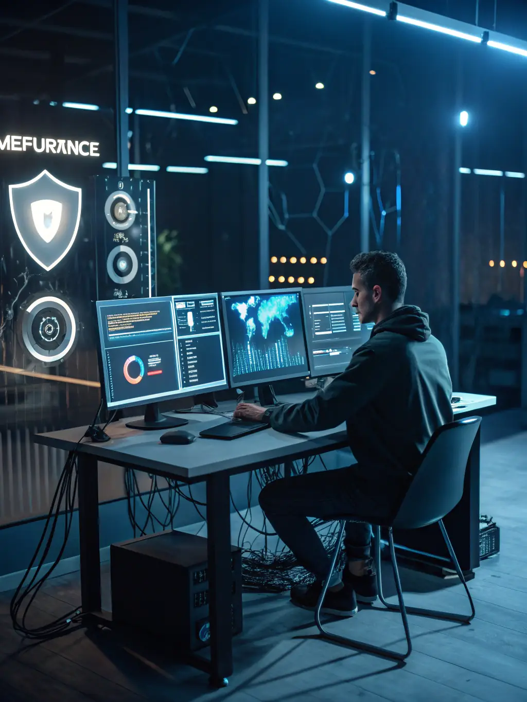 A graphic showing the second step: 'Simulation Setup'. An IT professional is configuring the phishing simulation parameters on a computer, with various security settings visible.