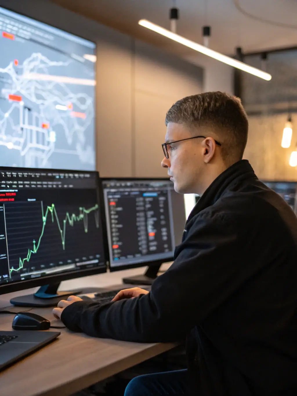 A professional photo of a network security analyst reviewing phishing simulation results on a dashboard, highlighting detected vulnerabilities.